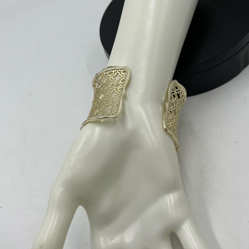 Kendra Scott Designer Candice Gold Tone Filigree Concave Wide Cuff Bracelet - Picture 3 of 13